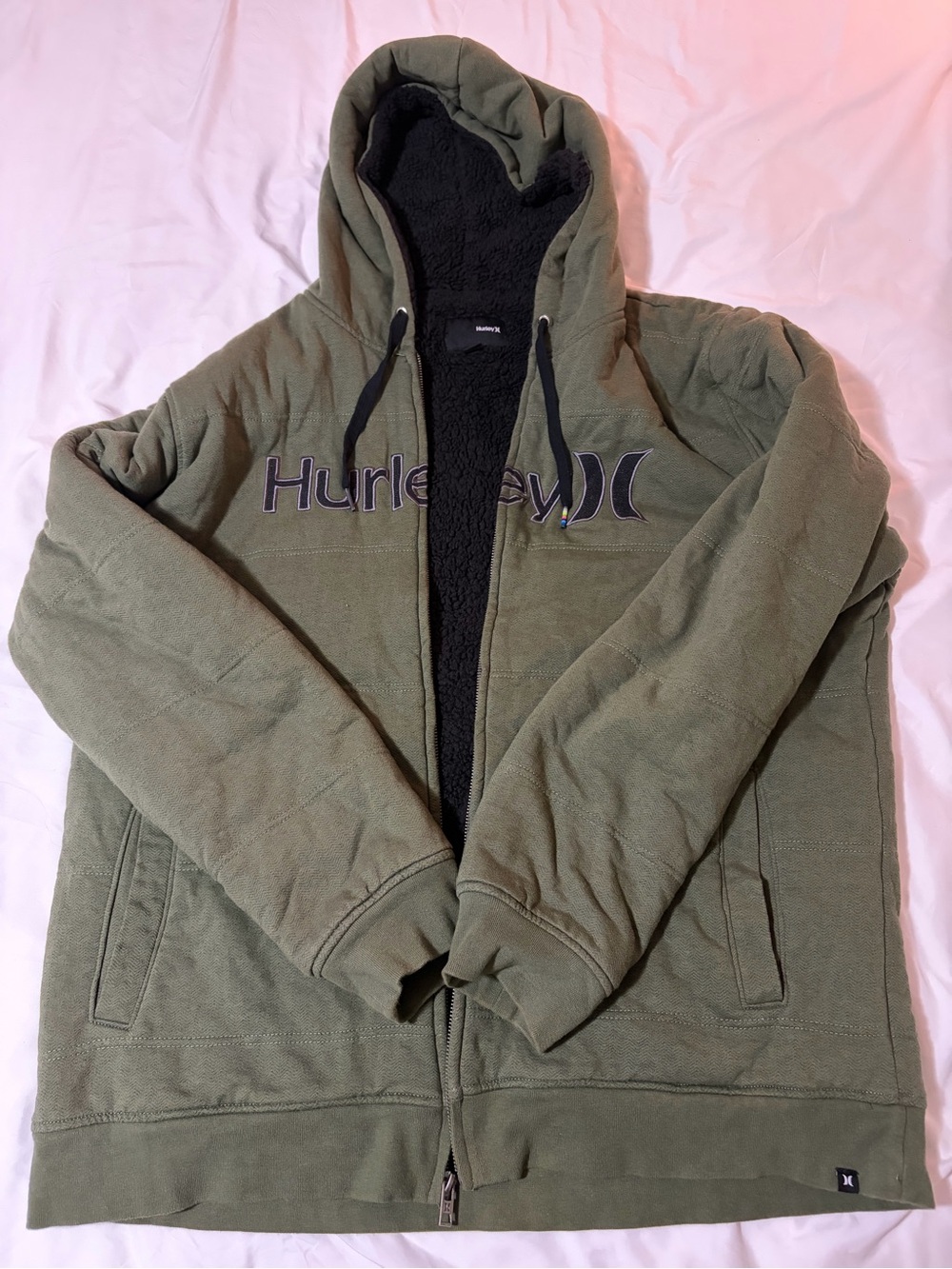 Hurley Olive Green Zip-Up Hoodie with Black Sherpa Lining